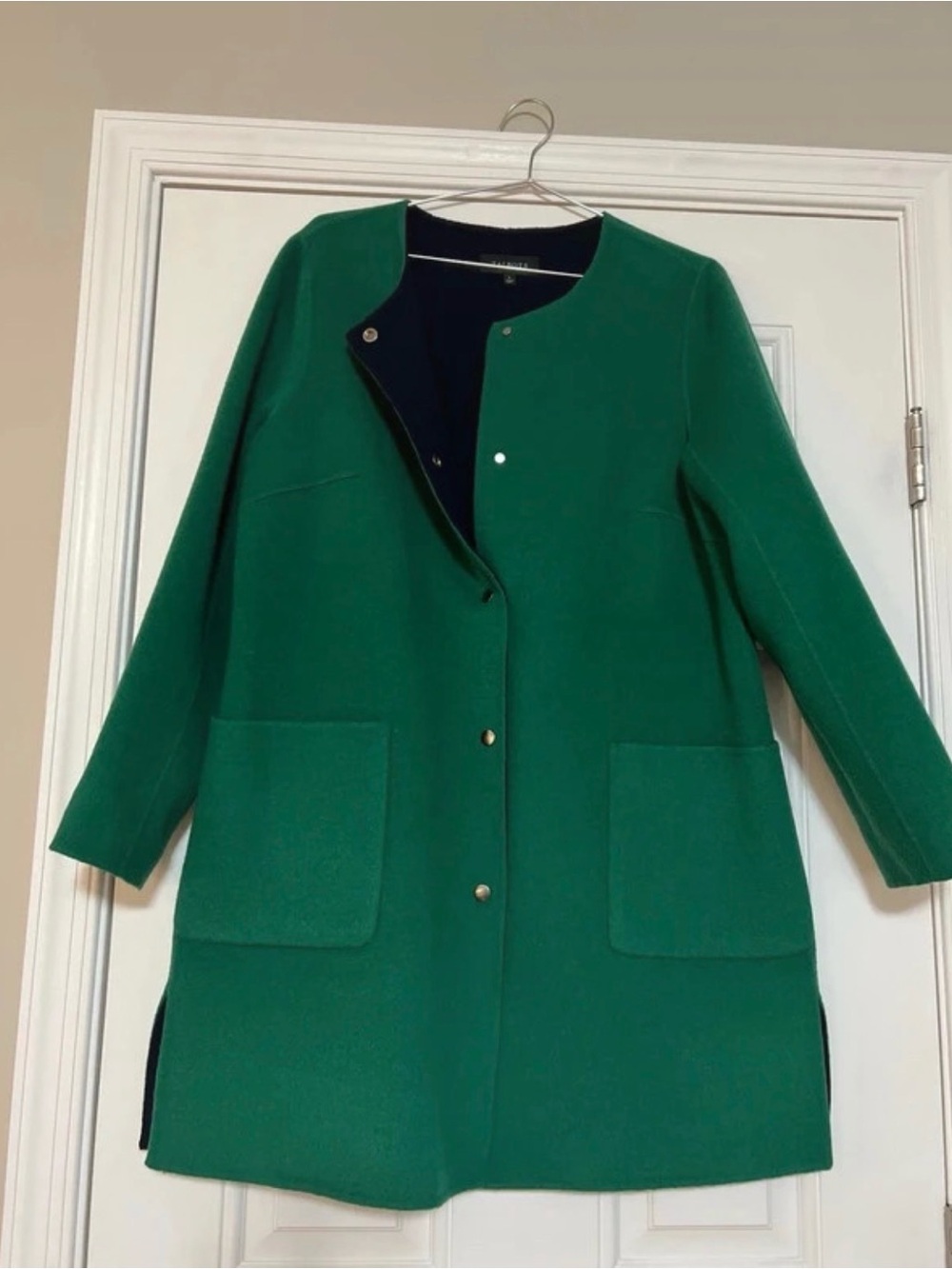 Talbots navy/Emerald Green Collarless Longline Coat